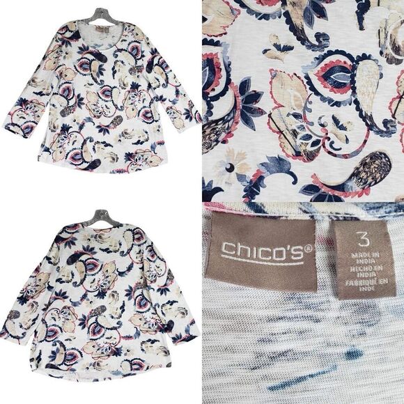 Chico's Tops - Chicos Shirt Womens Size 3 US XL Paisley Tunic Stretch Cotton White Pullover
